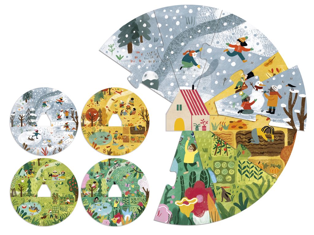 4 Puzzle assemblati A home for nature, versione inverno, autunno, estate e primavera da una parte e casetta con i vari pezzi assemblati random dall'altra