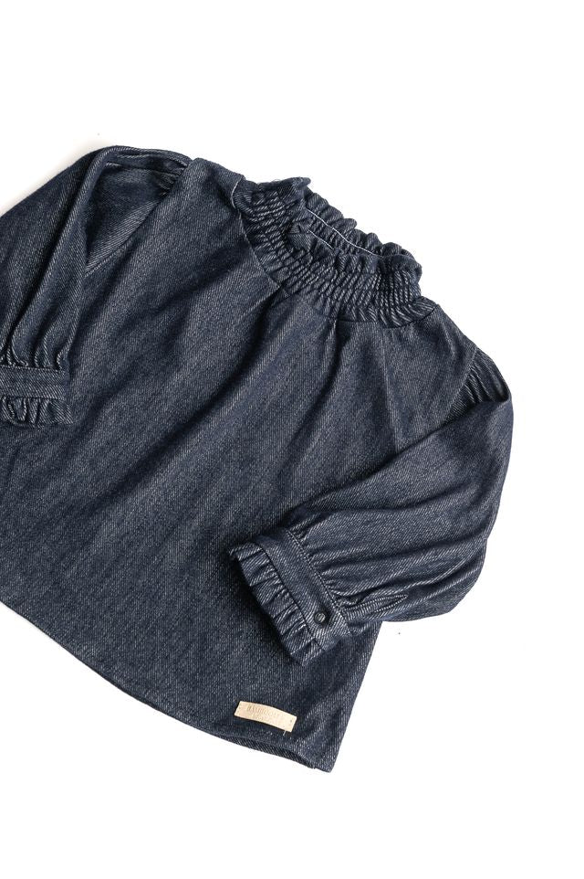 Camicia collo arricciato,JEANS BLU, 70% viscosa di bambù e 30% cotone, Bamboom
