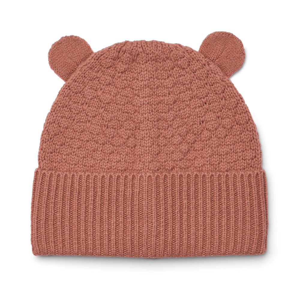 berretto rosa con orecchie e bordo in costa