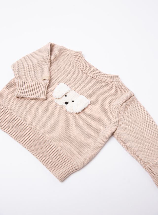Maglia Knitted Cane VINTAGE PINK, collo tondo e dettaglio musetto di cane, 70% viscosa di bambù e 30% cotone, Bamboom