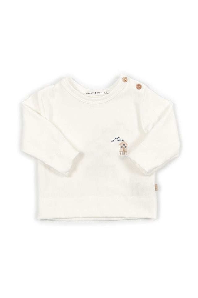 Maglia con ricamo SURF HOUSE, apertura laterale con bottoni, OFFWHITE, maniche lunghe, in fibra di bambù e cotone, Bamboom