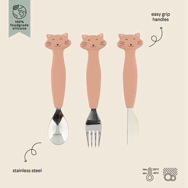 Set posate da pranzo in silicone e acciaio inox, Trixie, Mrs Cat