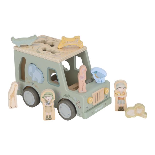 Jeep con 9 formine di personaggi in legno, Shape sorter safari car, Little Dutch