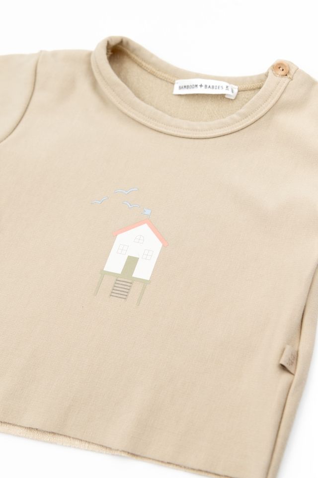 Shirt con stampa SURF HOUSE, apertura laterale con bottoni, LIGHT MUSTARD, maniche corte, in fibra di bambù e cotone, Bamboom