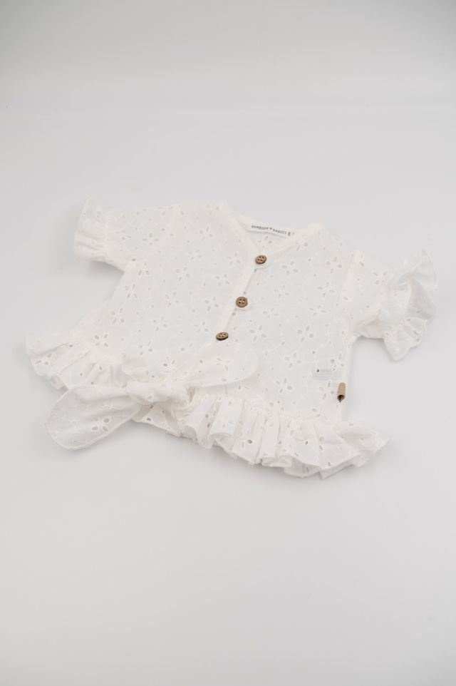 Top blusa in pizzo, con volant, manica corta, OFFWHITE, in bamboo e cotone, Bamboom