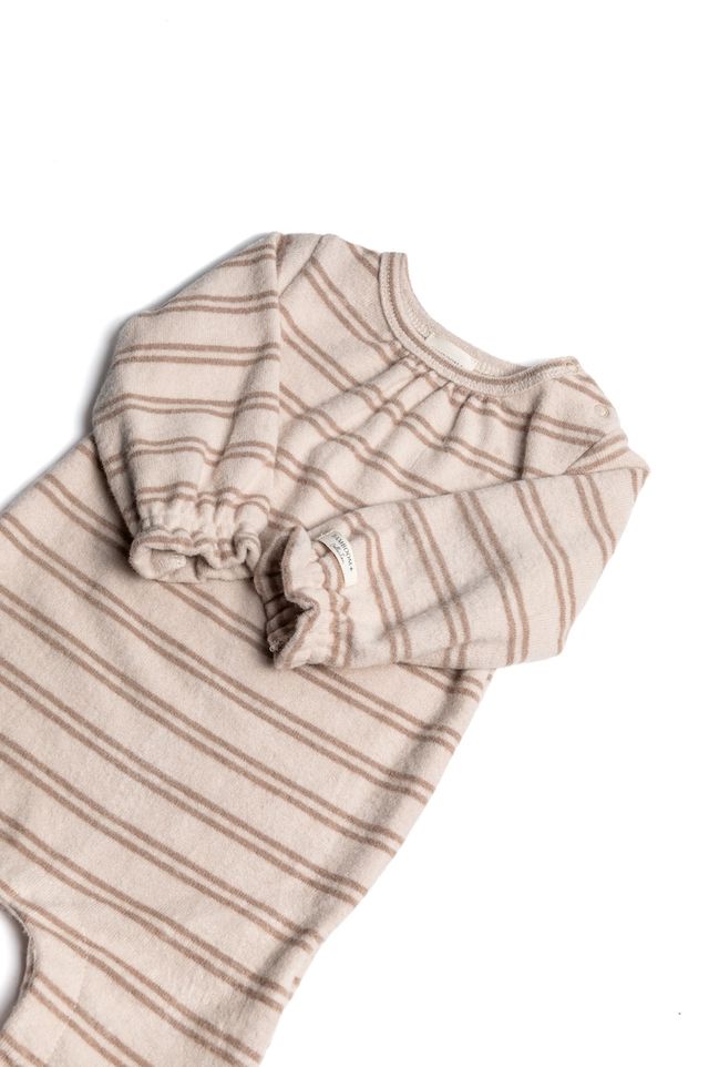 Tutina felpata da bimba STRIPE PINK con piedini con collo tondo e maniche lunghe, in viscosa di bambù Bamboom