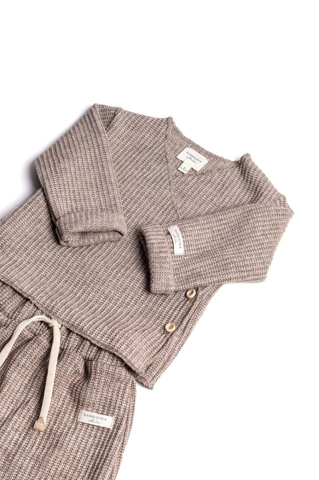 Twin Set con apertura incrociata, SOFT BROWN, tortora, bottoni di legno e maniche lunghe, in viscosa di bambù Bamboom