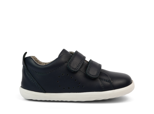 scarpa in pelle blu con due strap e suola in gomma colore bianco