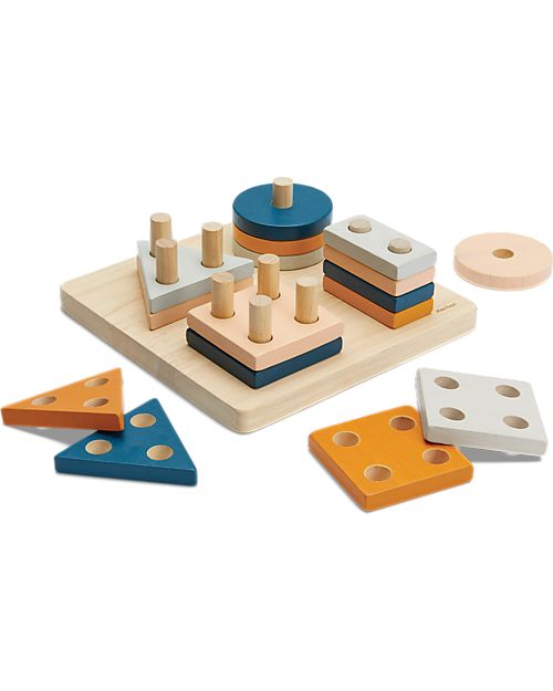 Forme Geometriche da impilare in legno, geometric sorting board, Plan Toys