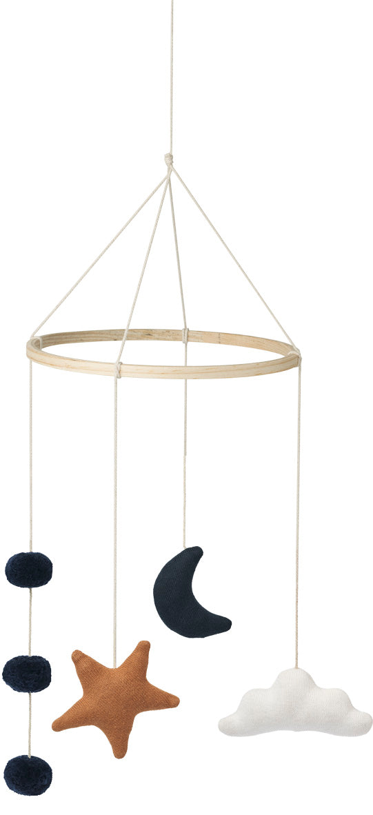 giostrina in stoffa con luna blu, stella ocra, nuvola bianca e pianeti blu