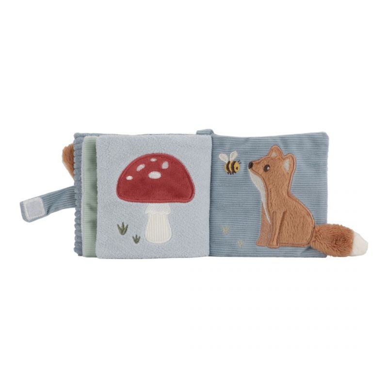 libro morbido collezione forest friends pagina con fungo e cucciolo di volpe che gioca con ape