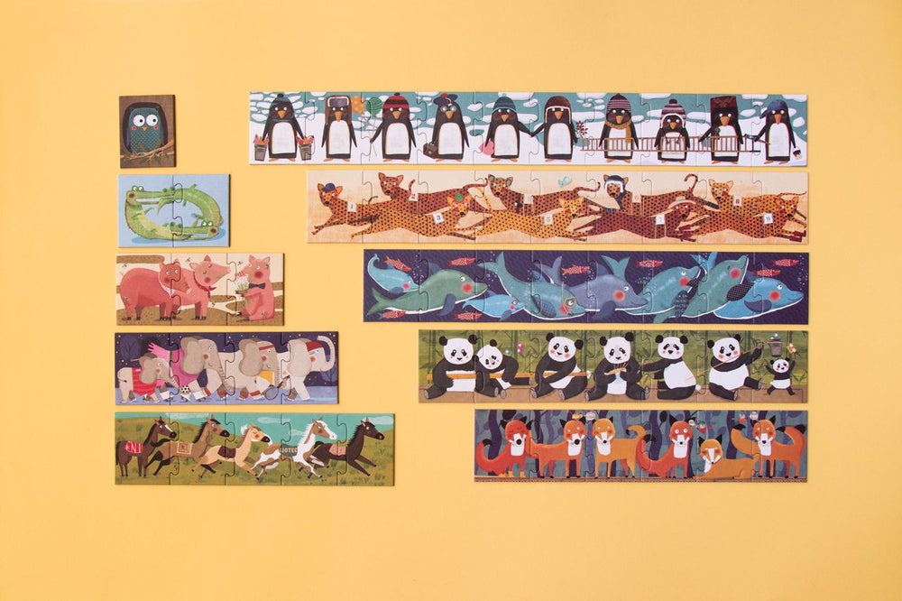 Visione di insieme dei 10 puzzle contenuti nel puzzle 10 pinguini. utili per imparare a contare fino a 10 con gli animali selvatici