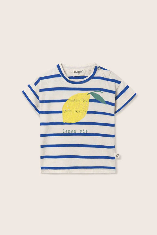 T-shirt ARAN avorio a righe blu, lemon pie, 100% cotone, Cozmo