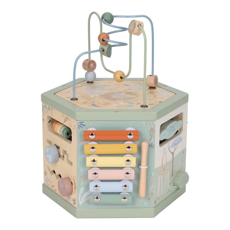 Activity Cube, Hexagon Shape, Cubo esagonale multiattività vari incastri in legno, Safari Friends, Little Dutch