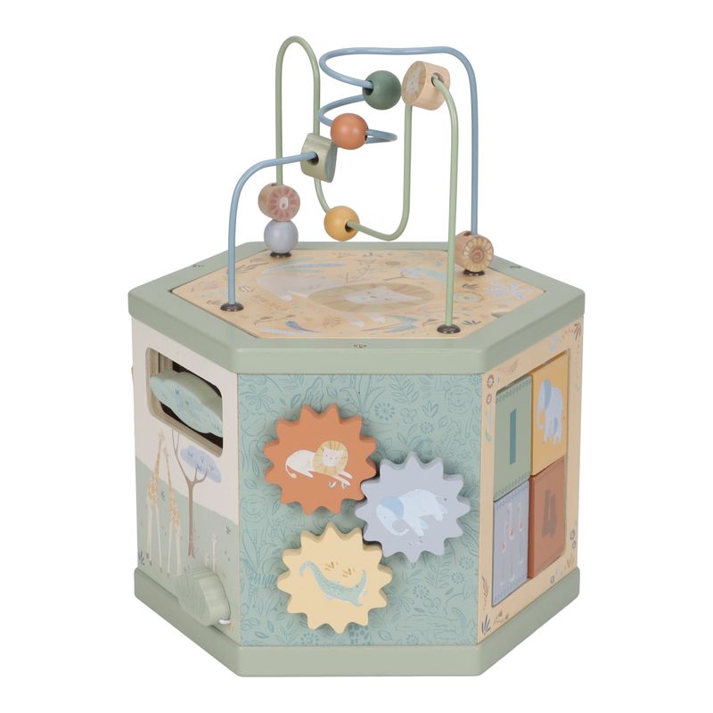 Activity Cube, Hexagon Shape, Cubo esagonale multiattività vari incastri in legno, Safari Friends, Little Dutch