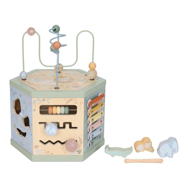 Activity Cube, Hexagon Shape, Cubo esagonale multiattività vari incastri in legno, Safari Friends, Little Dutch