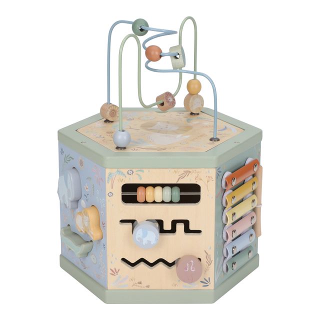 Activity Cube, Hexagon Shape, Cubo esagonale multiattività vari incastri in legno, Safari Friends, Little Dutch