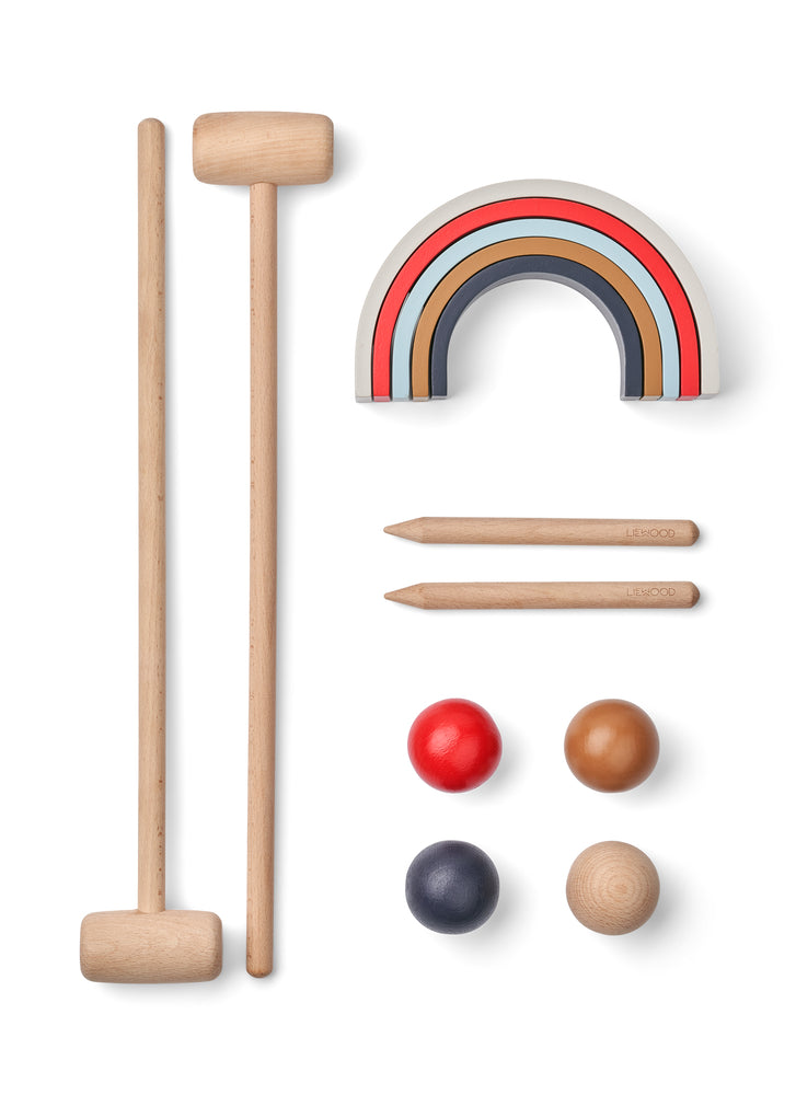 Gioco del Croquet, 100% legno di faggio, Liewood. Contiene: 2 mazze, 2 picchetti, 4 palline e 5 cerchi colorati (blu, marrone, azzurro, rosso e grigio)