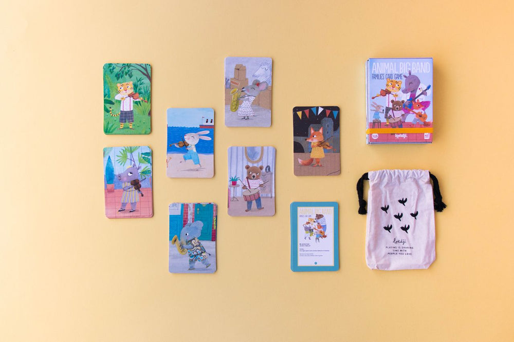 Sacchetto di stoffa e 7 carte delle famiglie dei musicisti