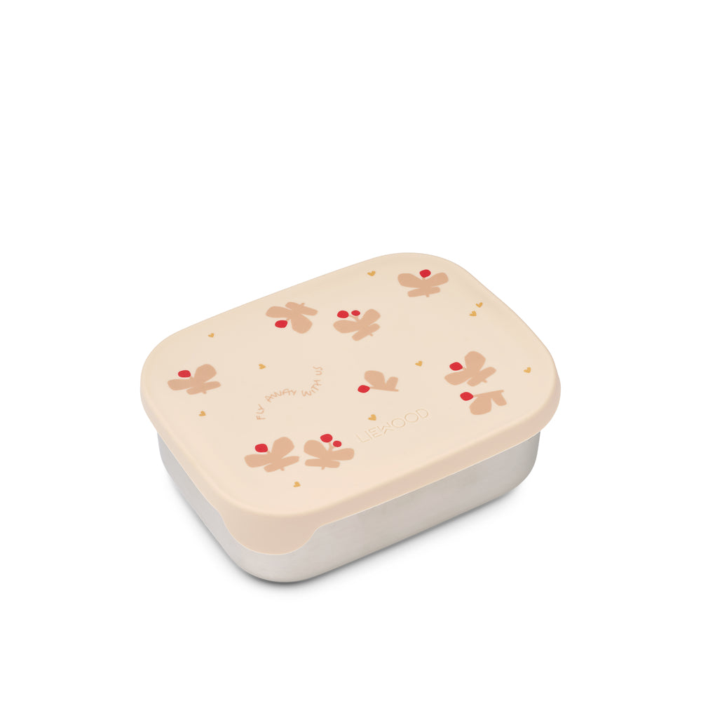 base in acciaio inox e coperchio in silicone stampato rosa con farfalle