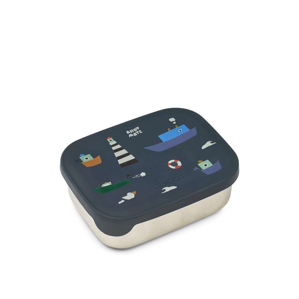 base in acciaio inox e coperchio in silicone stampato blu con barchette