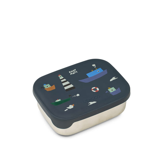 base in acciaio inox e coperchio in silicone stampato blu con barchette