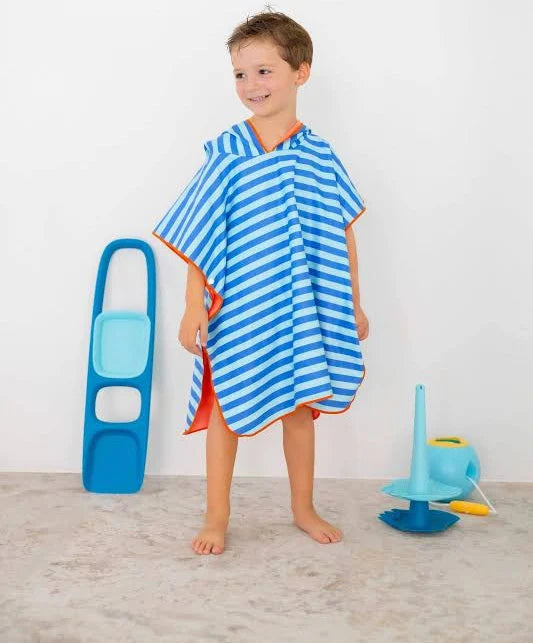Beach poncho in microfibra a righe turchesi e blu con interno arancione, Quut