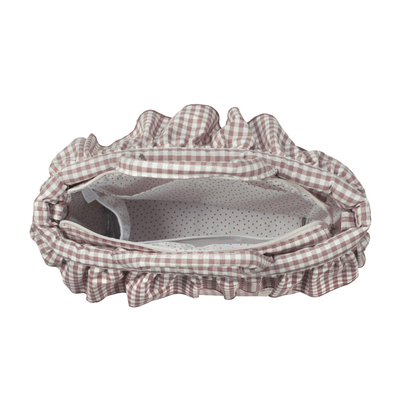 Borsa fasciatoio Pralinè Vichy Rosa Moka, con volant, di Walking Mum