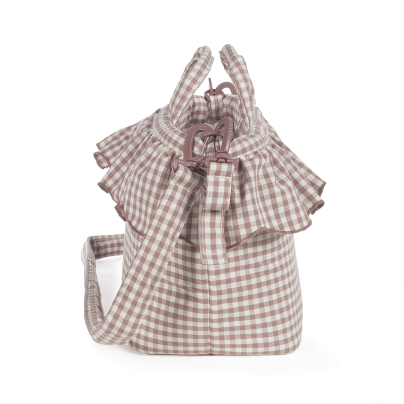Borsa fasciatoio Pralinè Vichy Rosa Moka, con volant, di Walking Mum