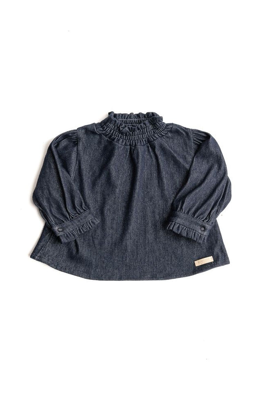 Camicia collo arricciato,JEANS BLU, 70% viscosa di bambù e 30% cotone, Bamboom