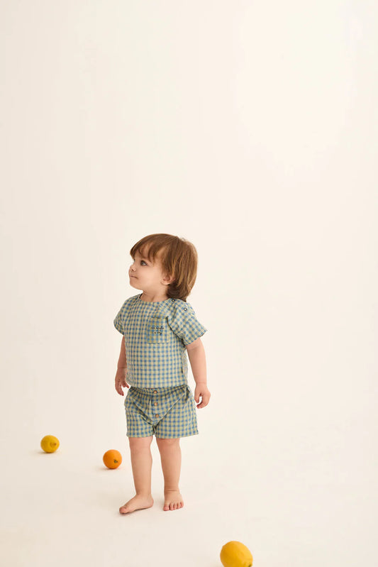 Completo bambino DORIAN verde a quadretti, Cozmo, t-shirt e pantaloncino