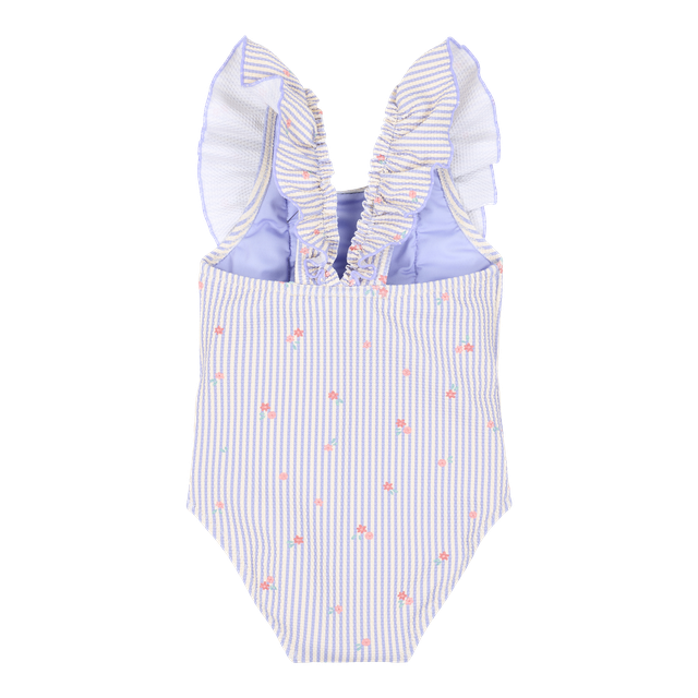 Costume intero da bagno bimba a righe con fiorellini rosa con volant, Little Dutch