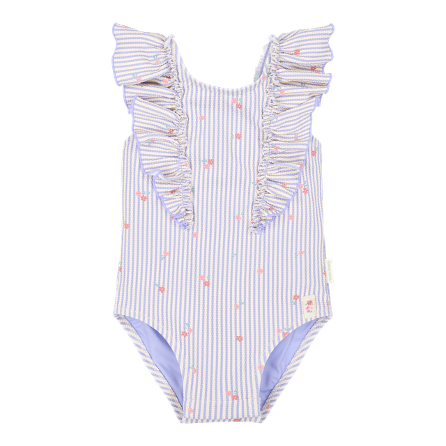 Costume intero da bagno bimba a righe con fiorellini rosa con volant, Little Dutch