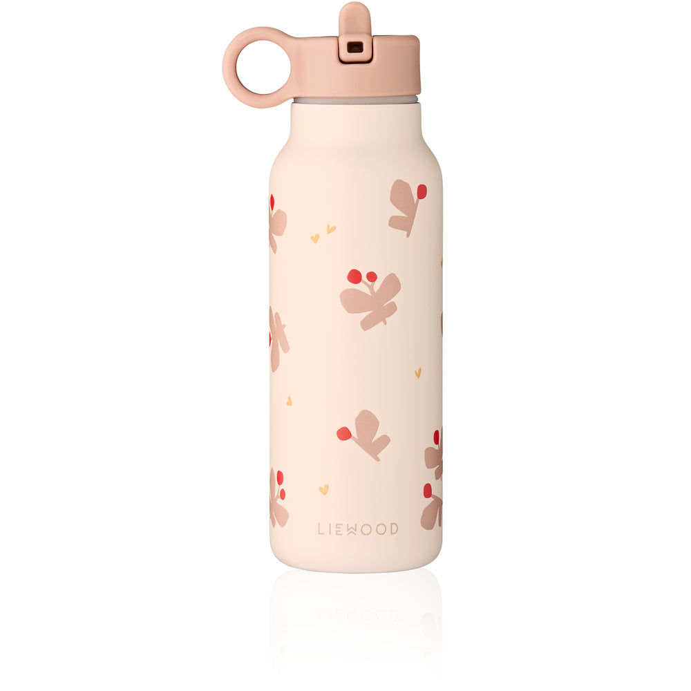 borraccia colore beige con disegno farfalle rosa e beccuccio in plastica dura