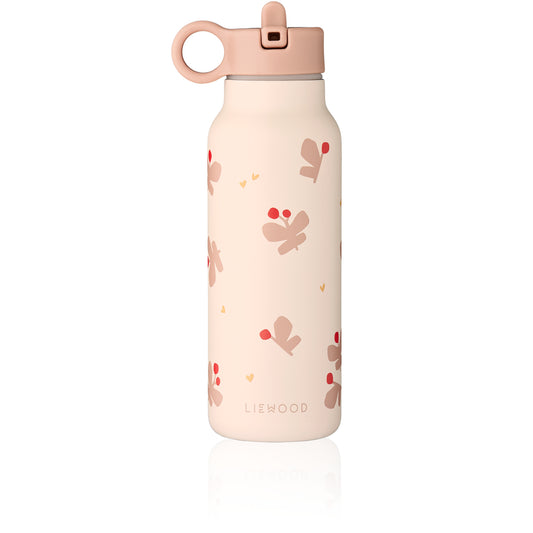 borraccia colore beige con disegno farfalle rosa e beccuccio in plastica dura