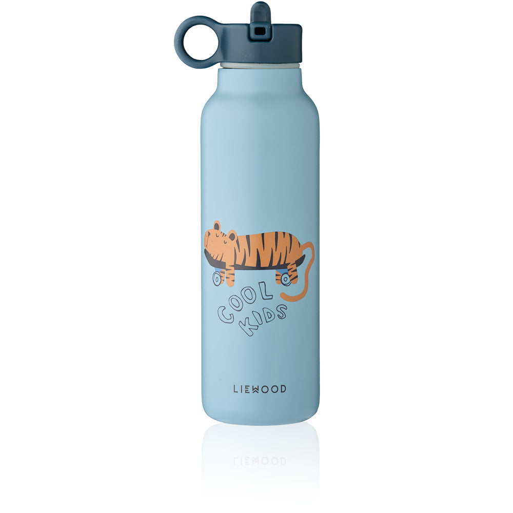 borraccia azzurra con tigre sullo skate e beccuccio blu navy