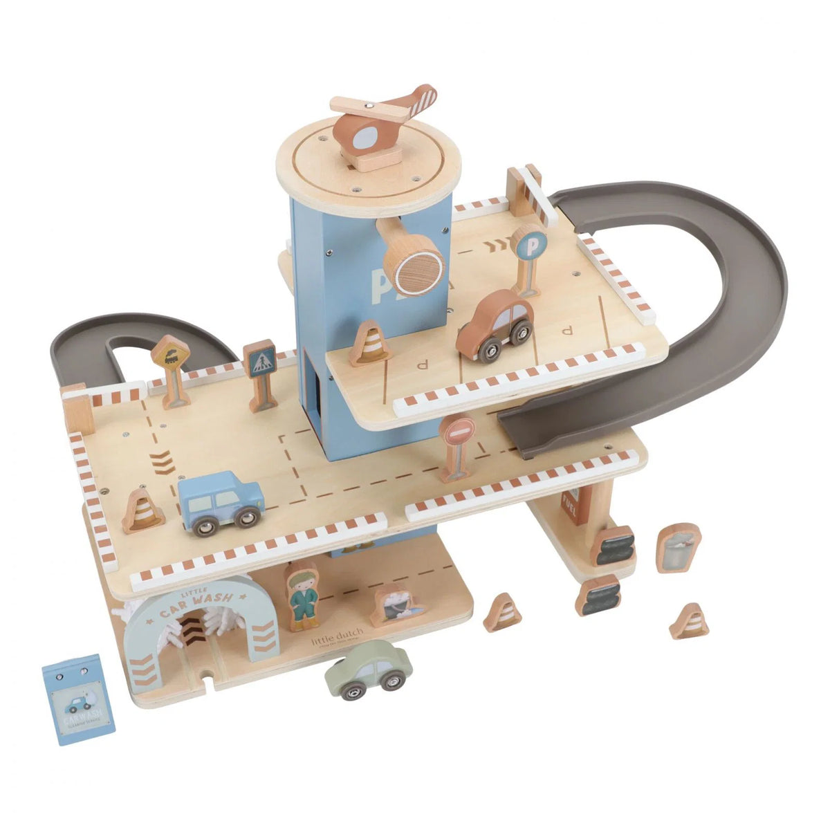 Parcheggio multipiano a rampe con 3 macchinine e 1 elicottero, in legno, Little Dutch