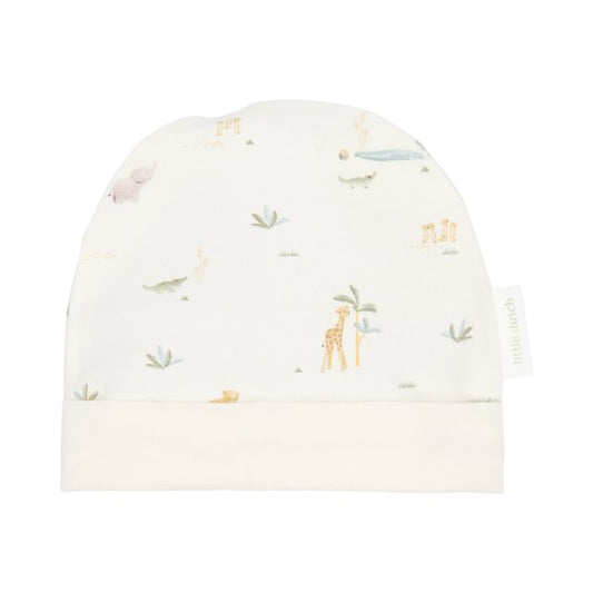 Berretto Hat Little Safari Creme, panna con fantasia animali della savana, in cotone organico, Little Dutch