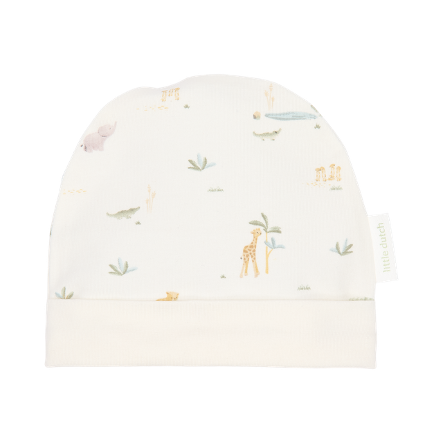 Berretto Hat Little Safari Creme, panna con fantasia animali della savana, in cotone organico, Little Dutch