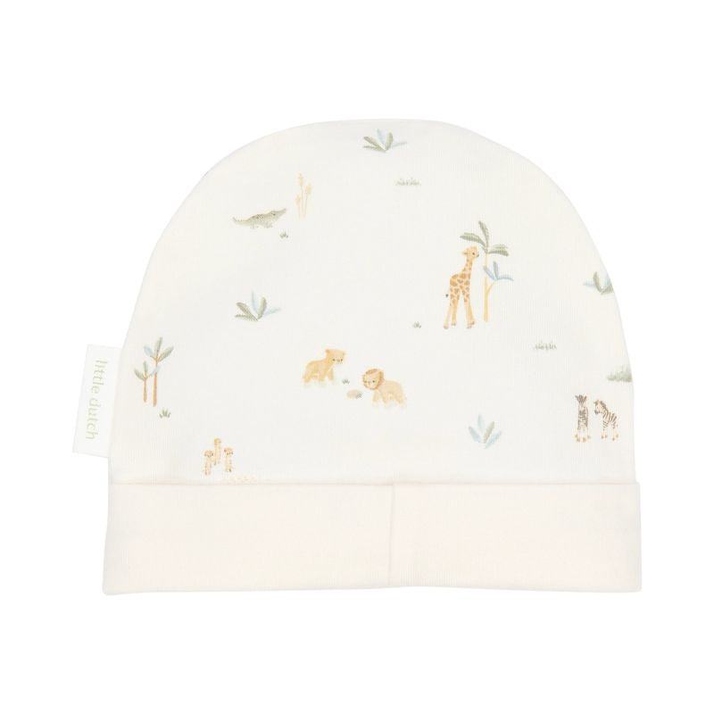 Berretto Hat Little Safari Creme, panna con fantasia animali della savana, in cotone organico, Little Dutch