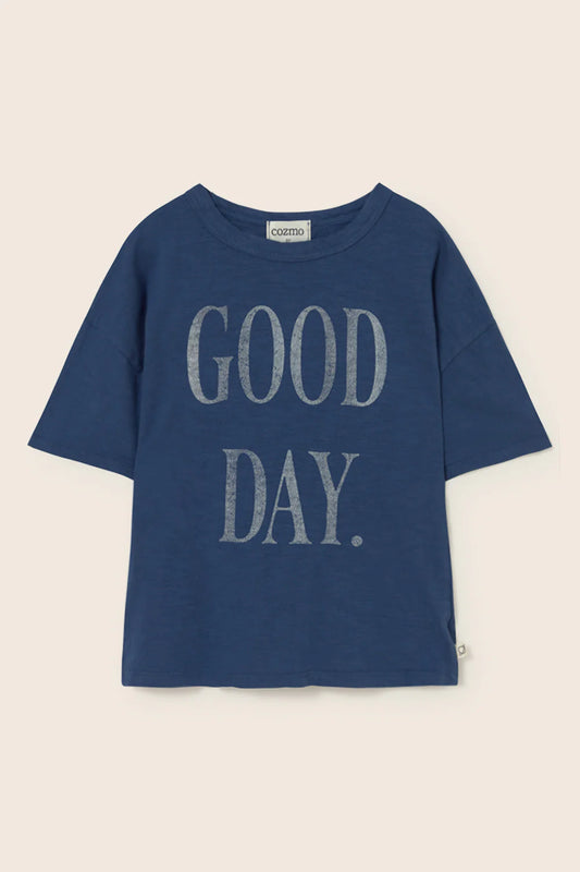 T-shirt JONK, blu, con scritta Good day, 100% cotone, Cozmo