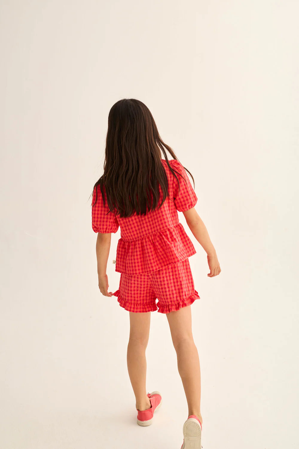 Completo bambina JOY corallo a quadretti, Cozmo, camicetta e pantaloncino