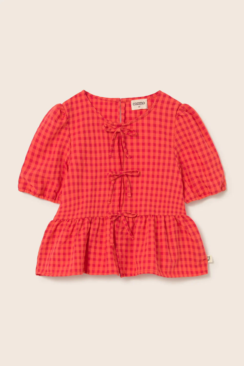 Completo bambina JOY corallo a quadretti, Cozmo, camicetta e pantaloncino