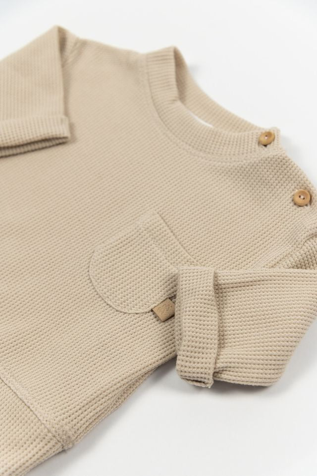 Maglia apertura laterale con bottoni, ALMOND CREAM, con taschino e maniche lunghe, in fibra di bambù e cotone, Bamboom