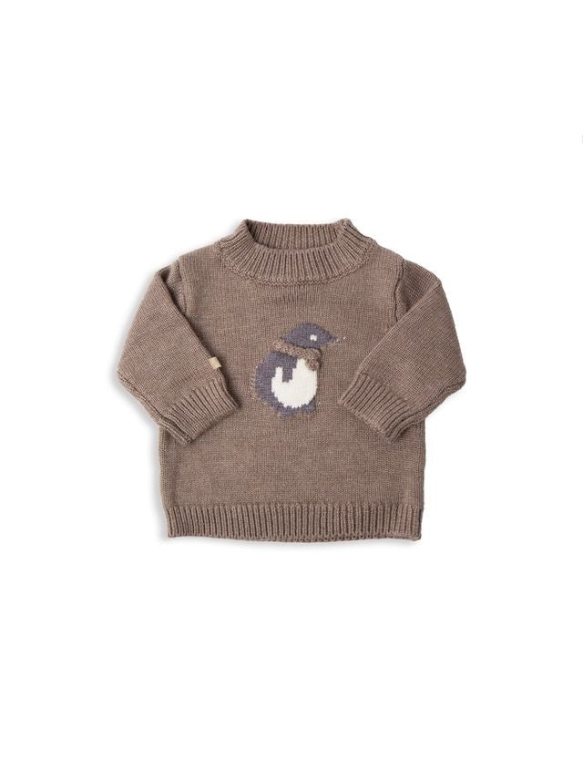 Maglia Knitted Pinguino LIGHT CHOCOLATE, collo tondo e dettaglio pinguino, 60% viscosa di bambù 5% cachemere 5%lana 30% poliammide, Bamboom