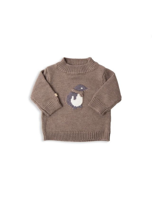 Maglia Knitted Pinguino LIGHT CHOCOLATE, collo tondo e dettaglio pinguino, 60% viscosa di bambù 5% cachemere 5%lana 30% poliammide, Bamboom