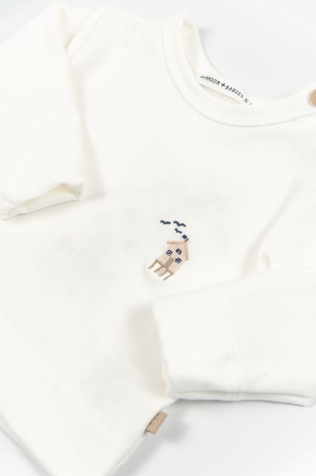 Maglia con ricamo SURF HOUSE, apertura laterale con bottoni, OFFWHITE, maniche lunghe, in fibra di bambù e cotone, Bamboom