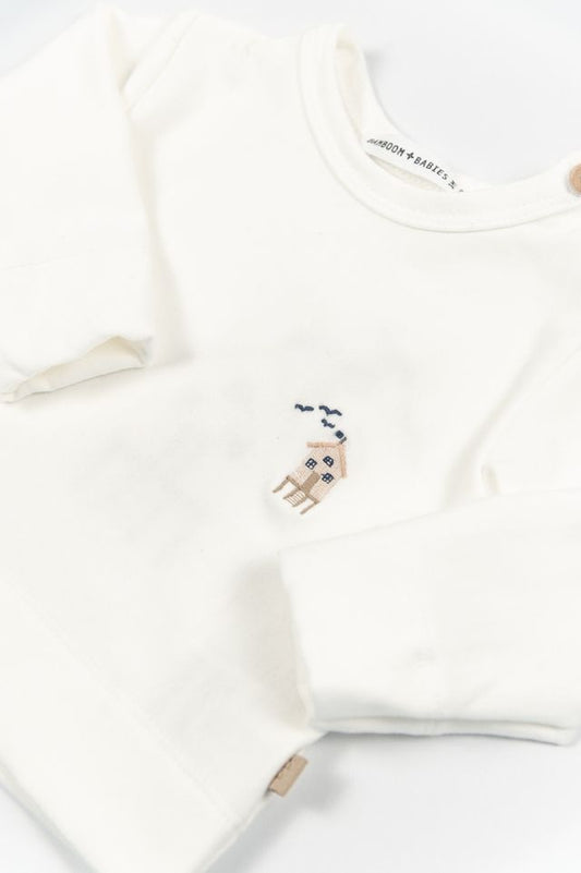 Maglia con ricamo SURF HOUSE, apertura laterale con bottoni, OFFWHITE, maniche lunghe, in fibra di bambù e cotone, Bamboom