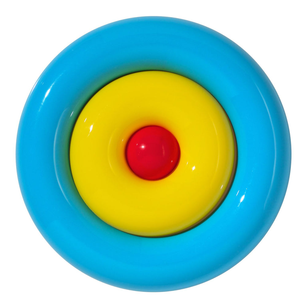 Nello 3 Pezzi - gioco innovativo e versatile da casa e da esterno, Moluk. In foto gioco completo di un annello grande azzurro, un anello più piccolo giallo e una pallina rossa centrale