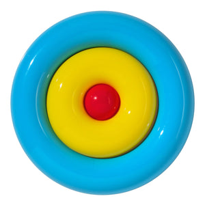Nello 3 Pezzi - gioco innovativo e versatile da casa e da esterno, Moluk. In foto gioco completo di un annello grande azzurro, un anello più piccolo giallo e una pallina rossa centrale